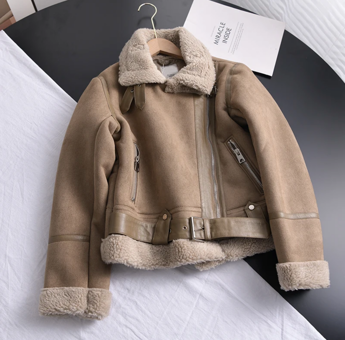 Women's Belted Biker Casual Jacket in Camel