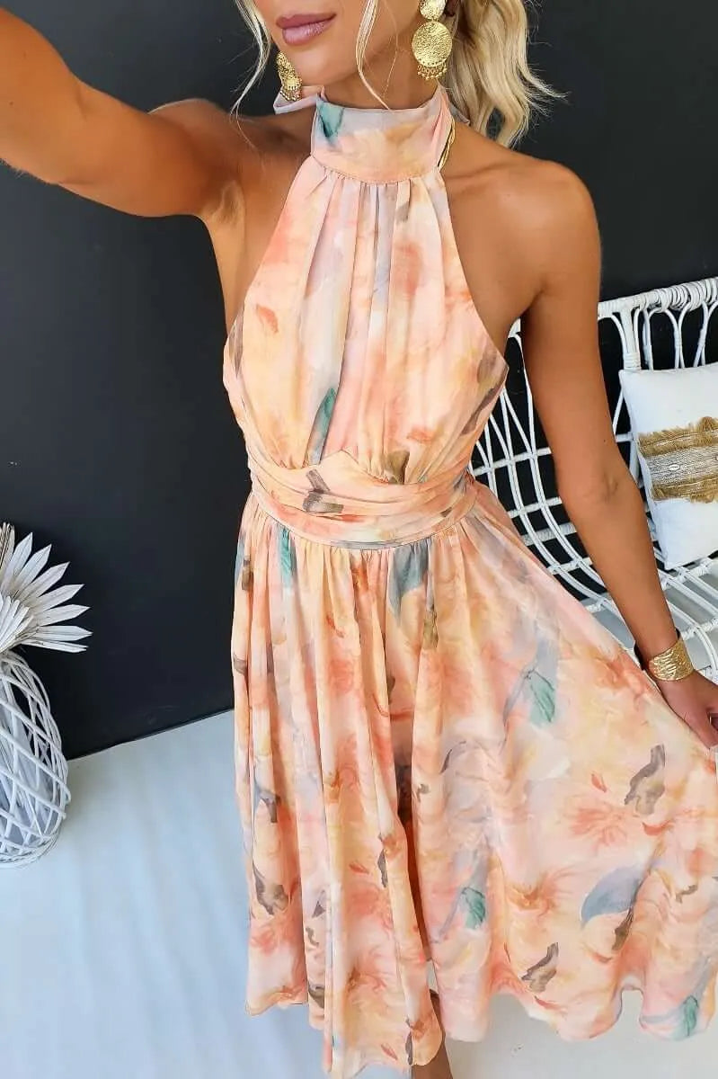 Liora | Abstract Floral Halter Maxi Dress