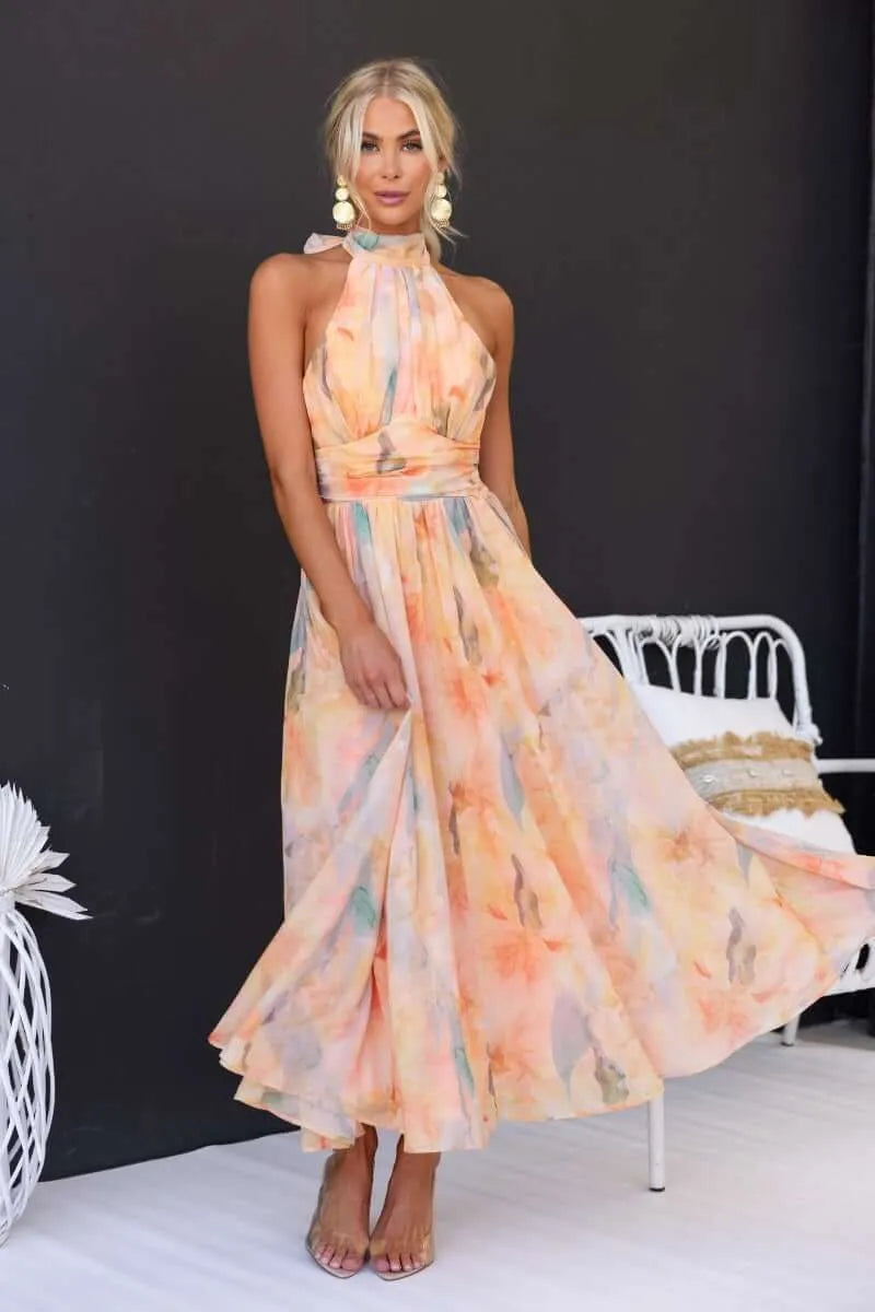 Liora | Abstract Floral Halter Maxi Dress