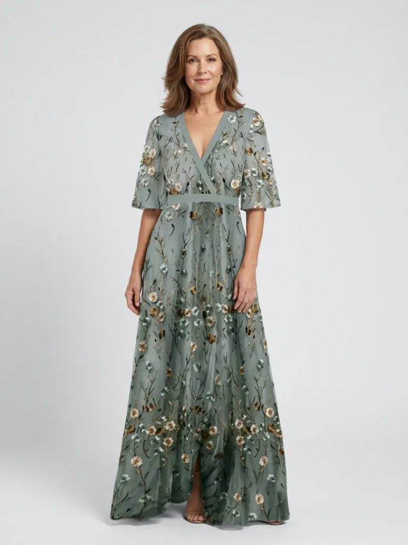 Amelia | V-Neck Floral Evening Dress Sheer Sleeves Maxi Fit