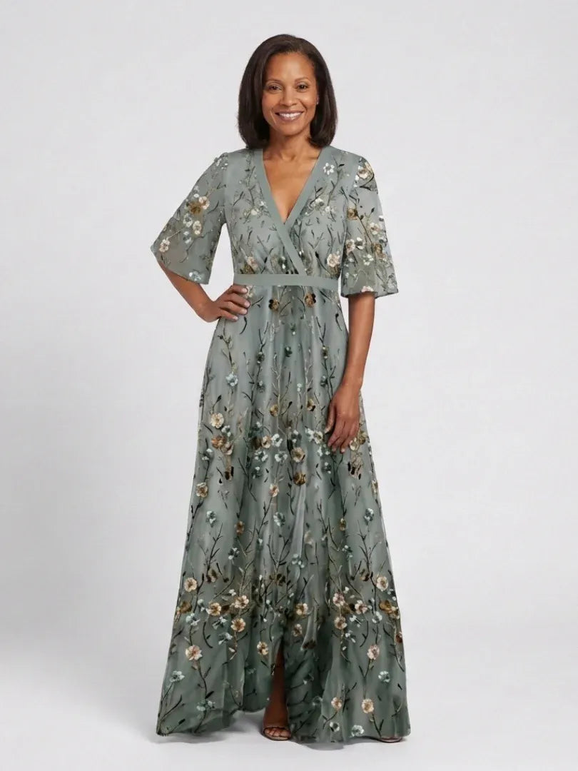 Amelia | V-Neck Floral Evening Dress Sheer Sleeves Maxi Fit
