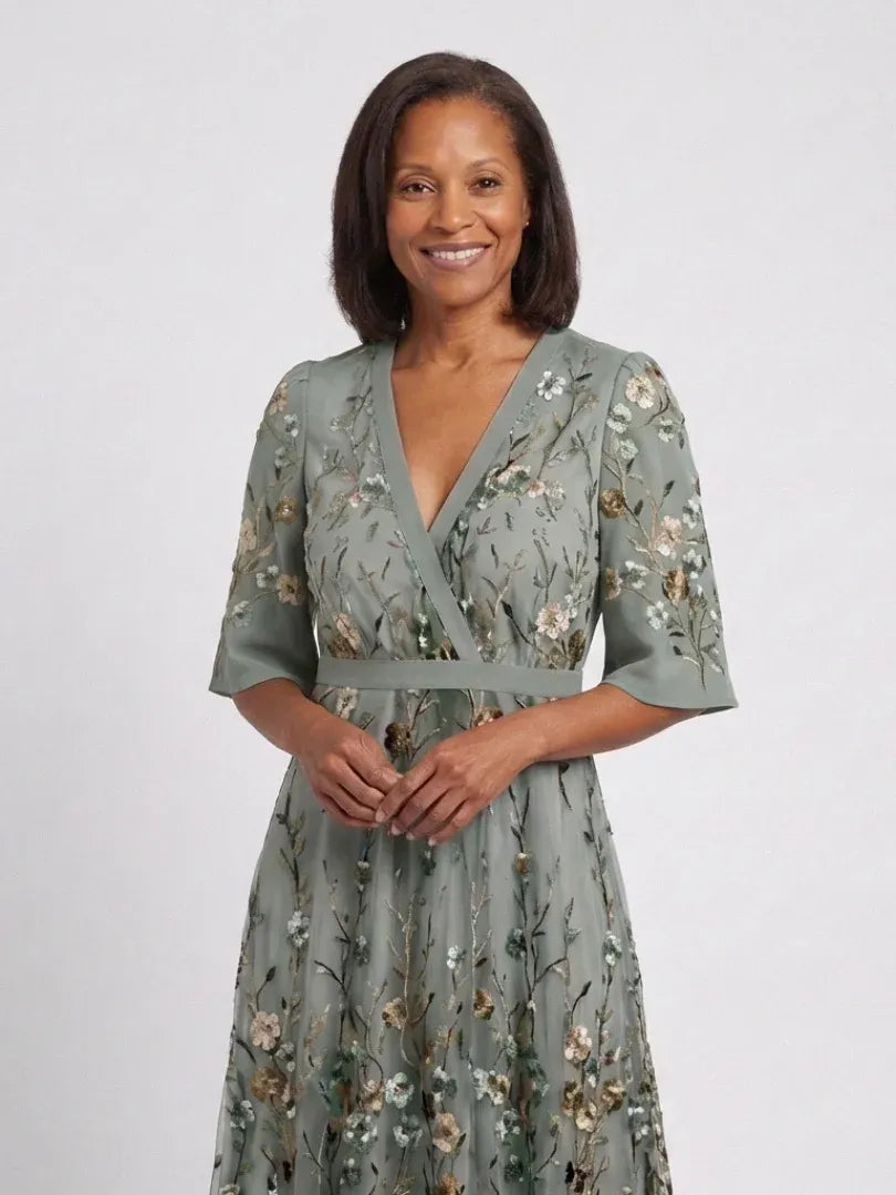 Amelia | V-Neck Floral Evening Dress Sheer Sleeves Maxi Fit