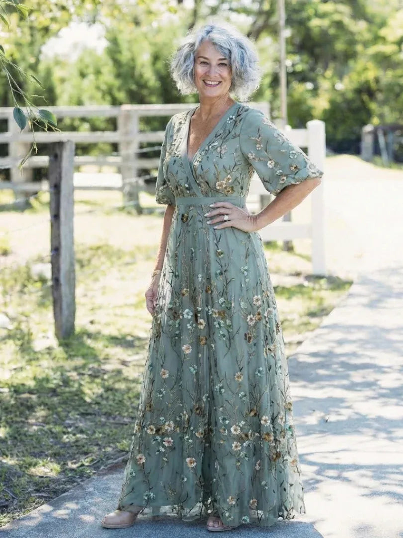 Amelia | V-Neck Floral Evening Dress Sheer Sleeves Maxi Fit