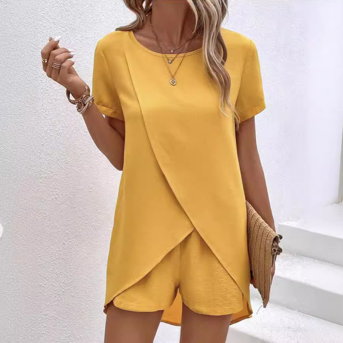Crossover Short-Sleeve Casual Co-ord in Mustard