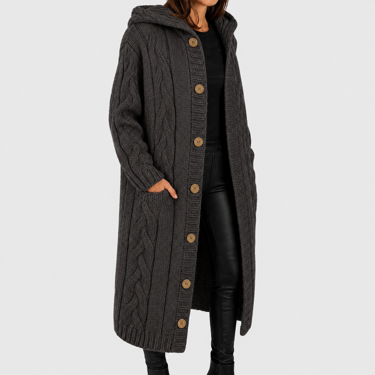 Women's Button-Front Casual Cardigan in Dark Grey