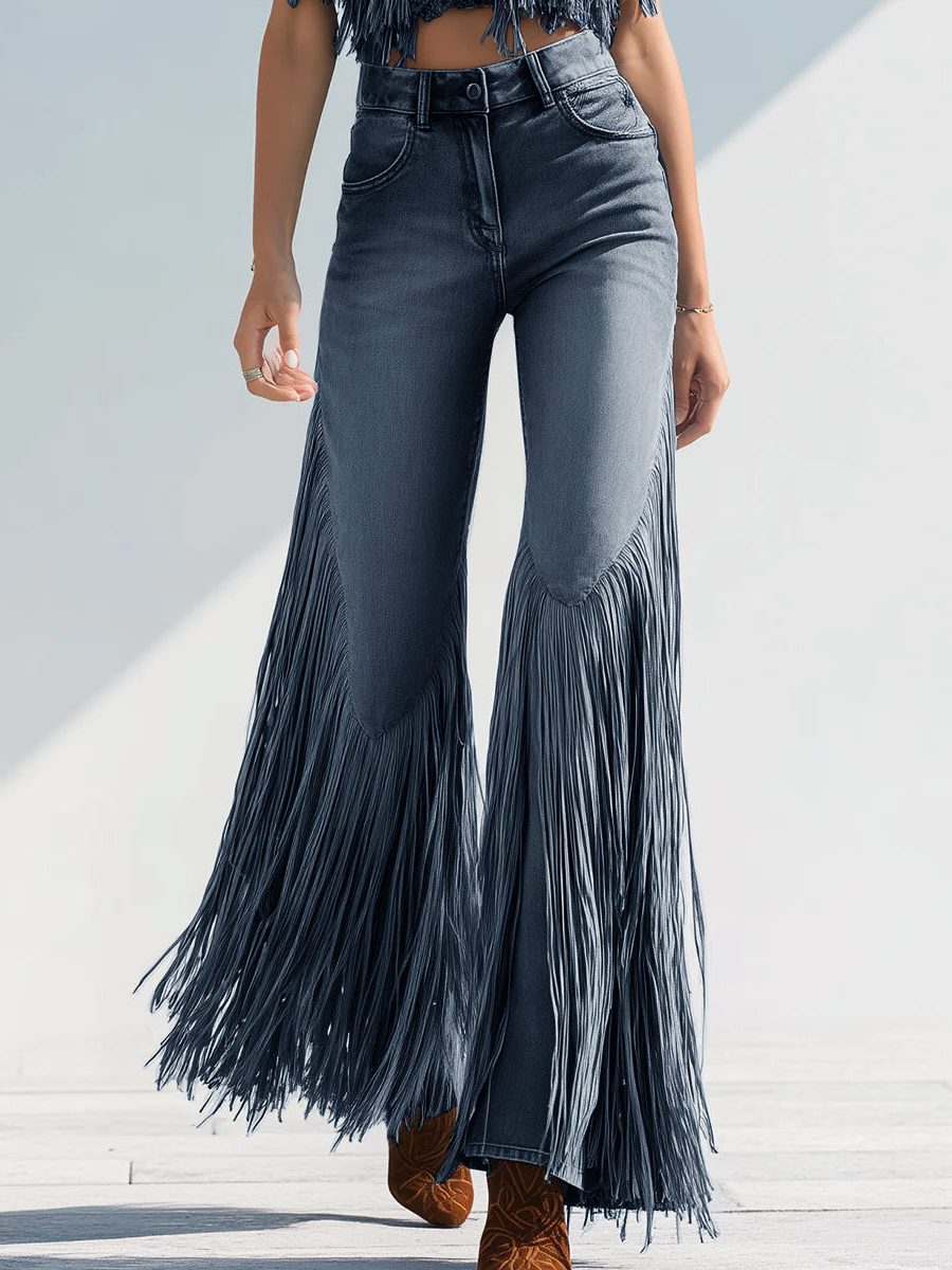 Women's Fringe Flare Party Jeans in Dark Grey