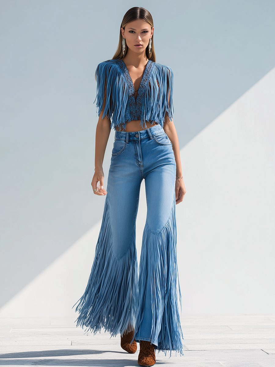 Women's Fringe Flare Party Jeans in Light Blue
