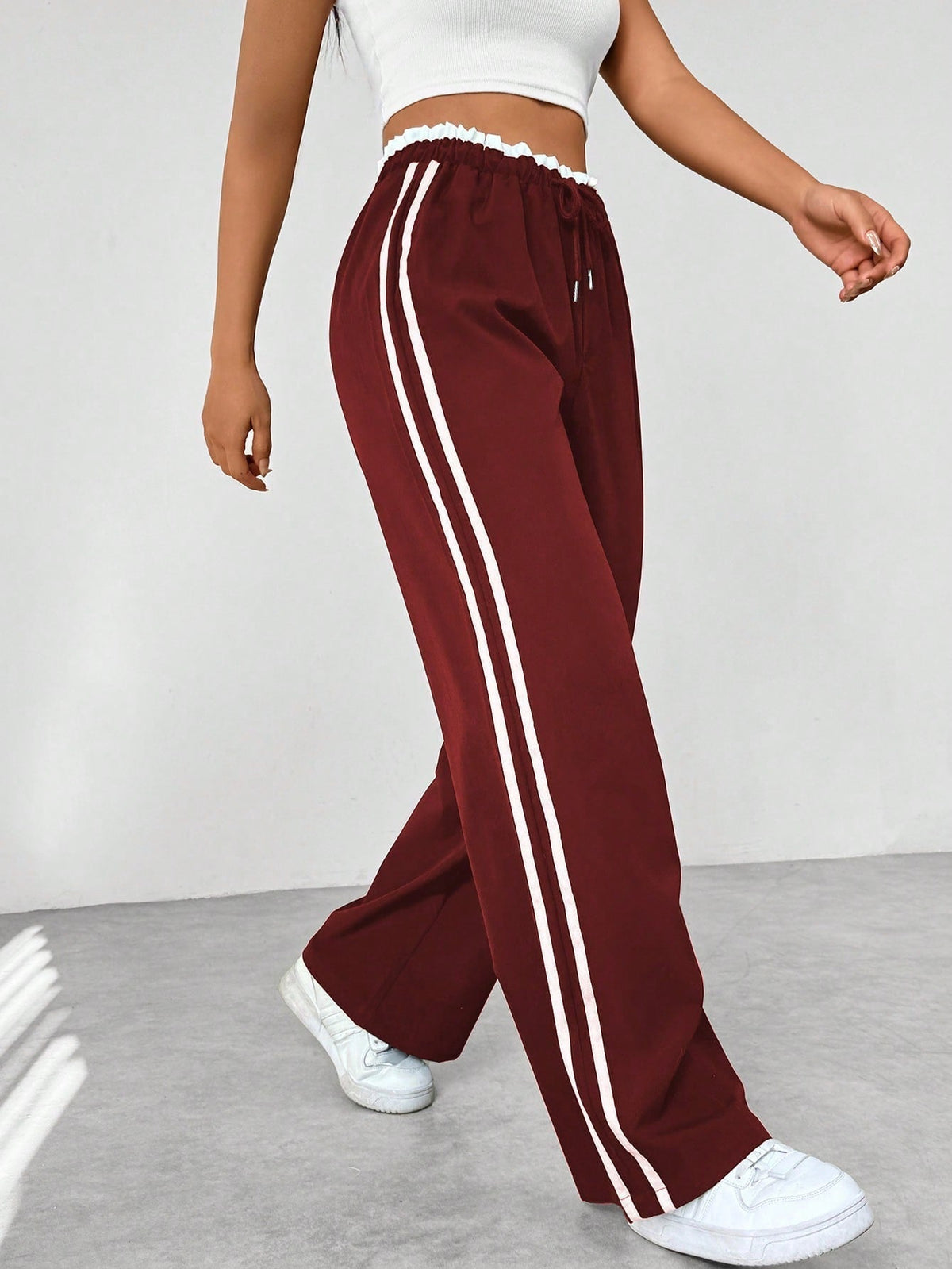Women's Striped Casual Trousers in Burgundy