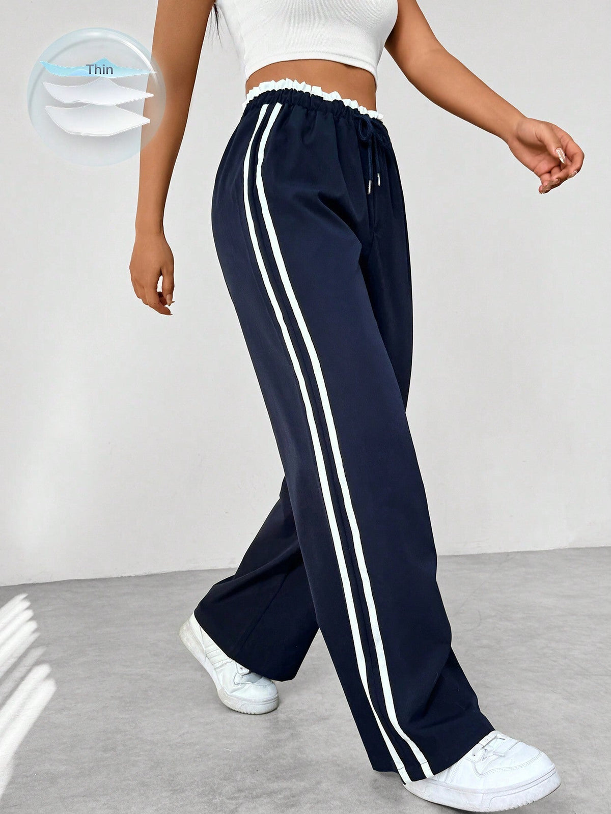 Women's Striped Casual Trousers in Navy