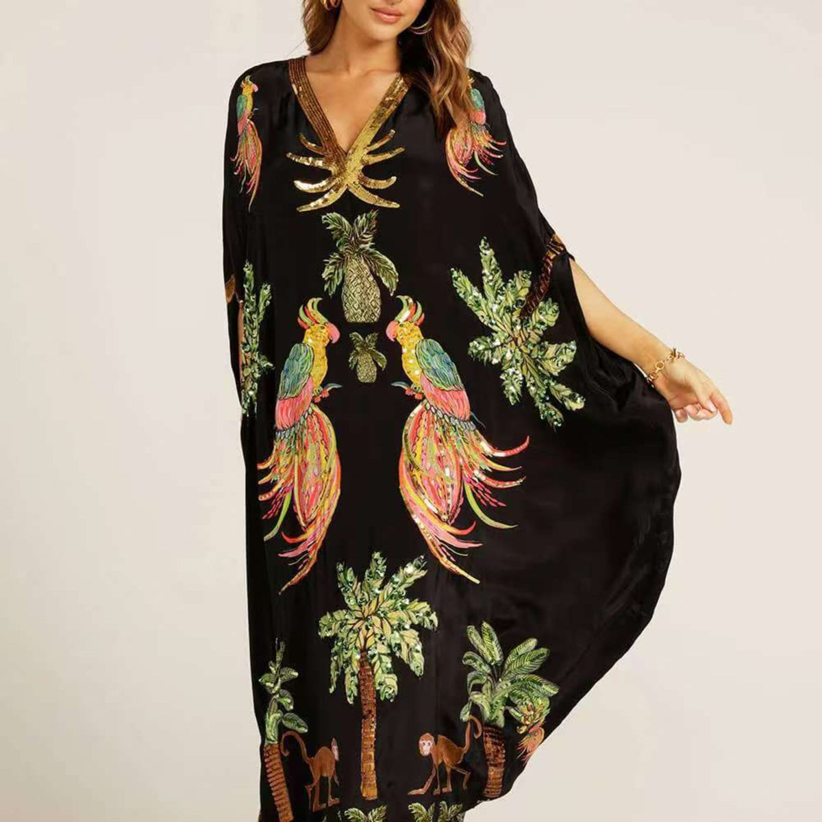 Sequin-Trim Kaftan Holiday Maxi Dress in Black