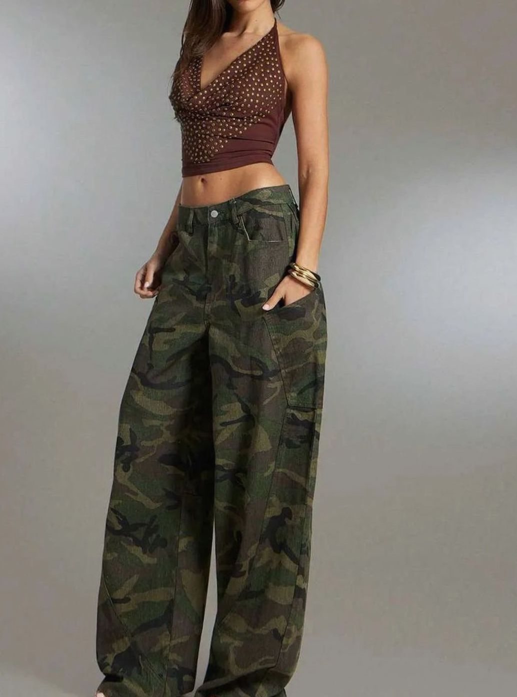 Women's Wide-Leg Barrel Casual Trousers in Dark Green
