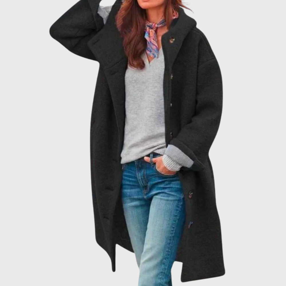 Women's Hooded Button-Front Casual Coat in Black