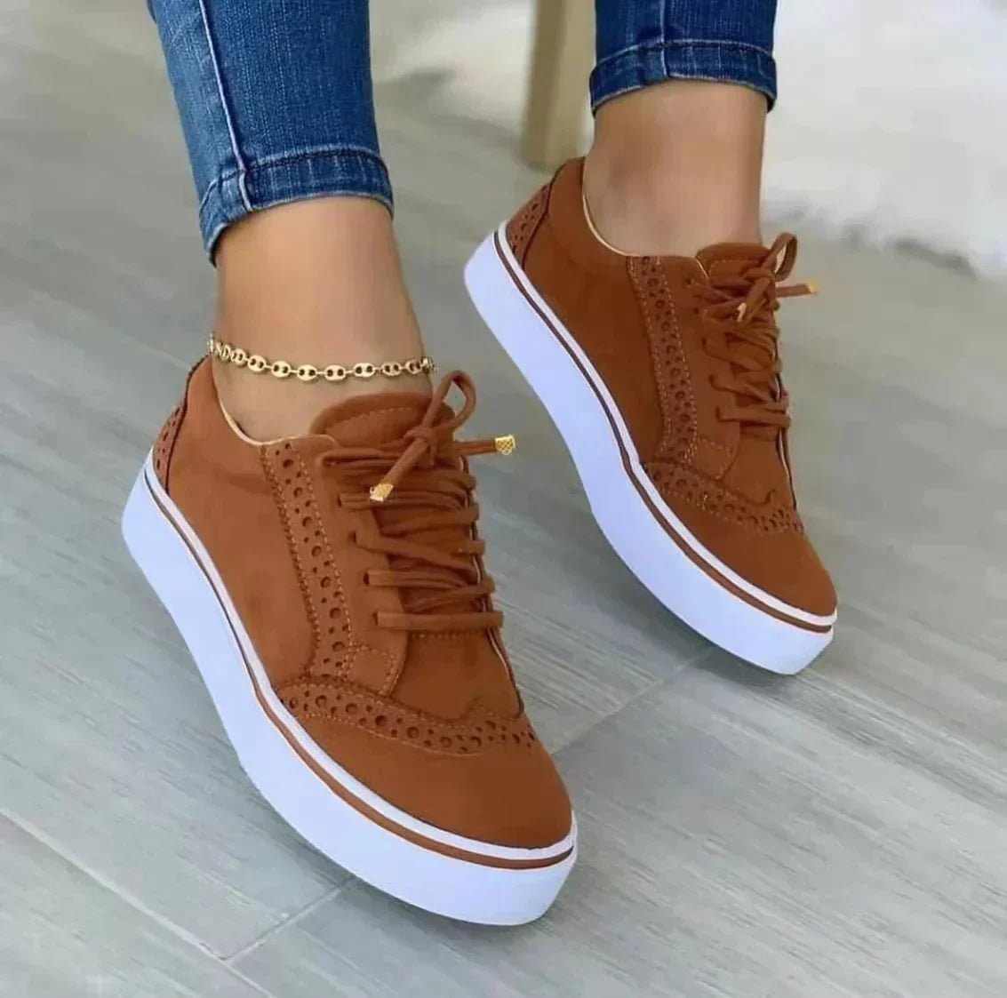 Women's Platform Lace-Up Casual Trainers in Camel