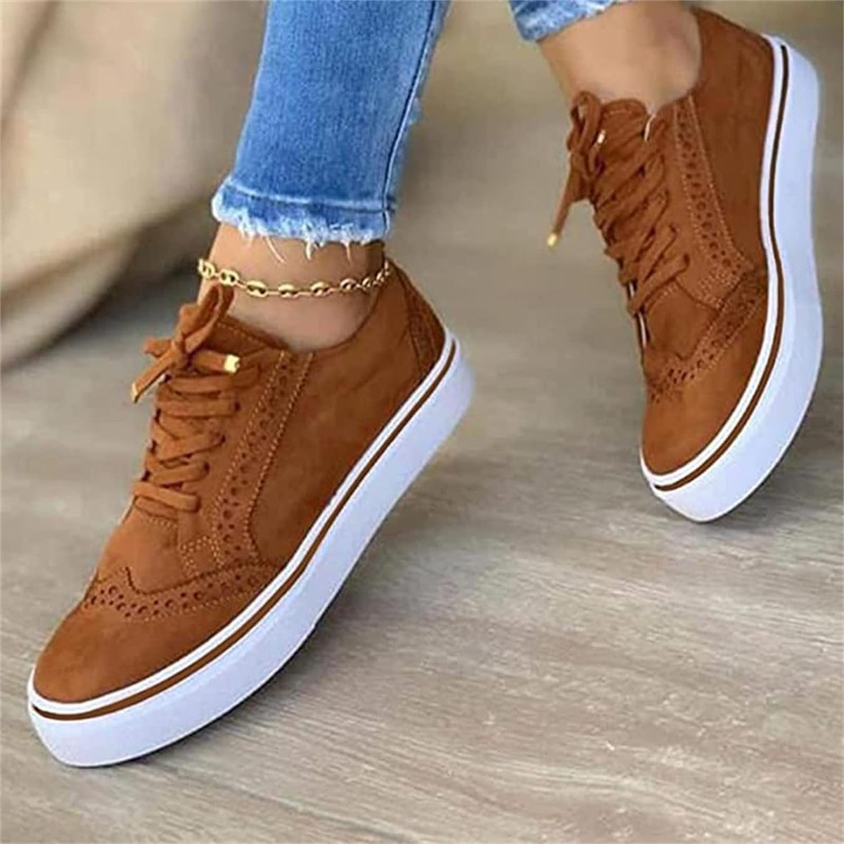Women's Platform Lace-Up Casual Trainers in Camel