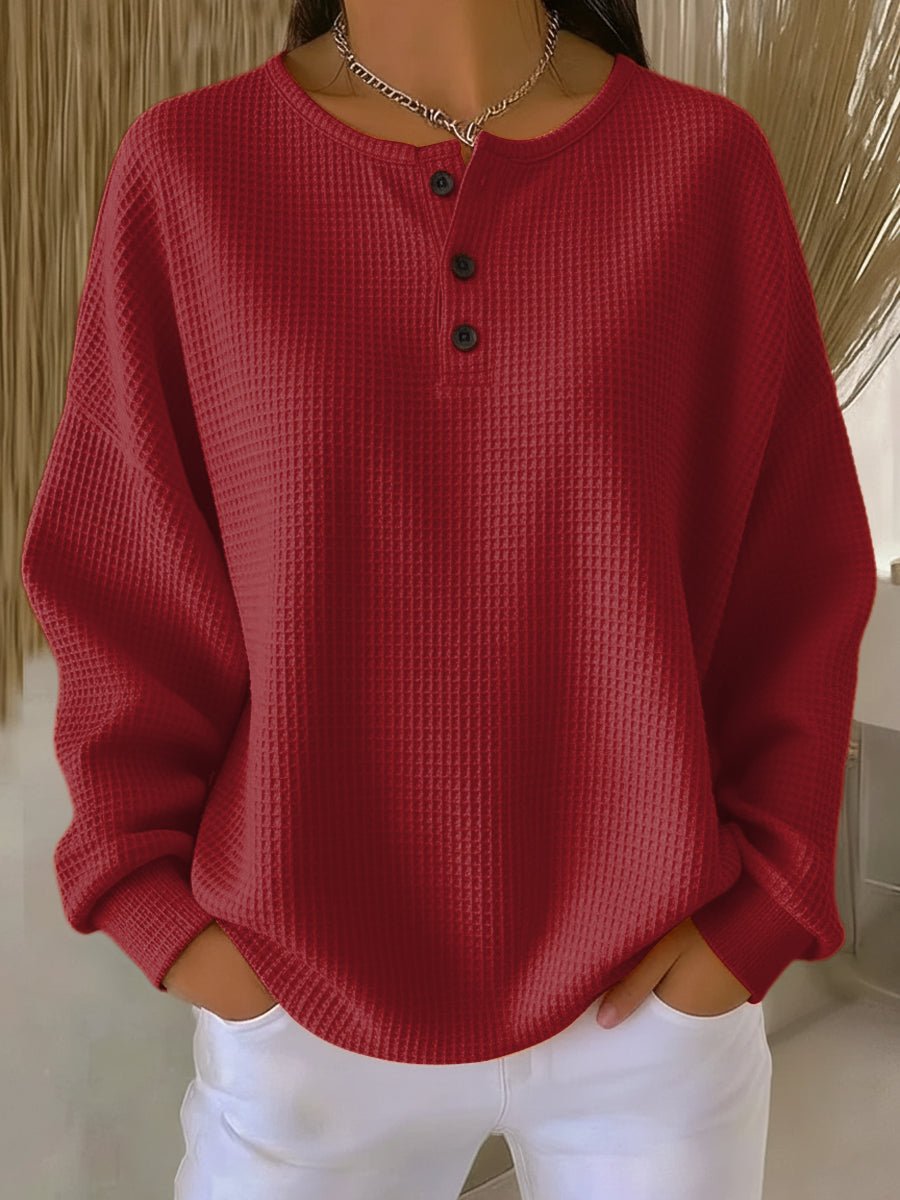 Women's Long-Sleeve Henley Casual T-Shirt in Red