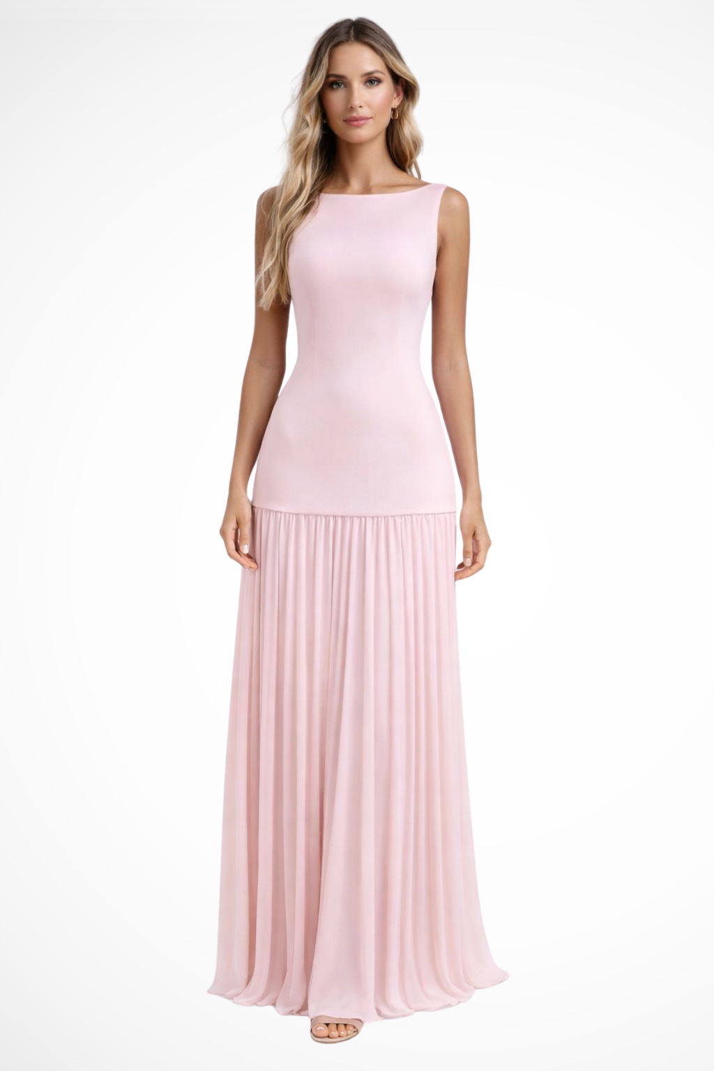Drop-Waist Pleated Evening Maxi Dress in Light Pink
