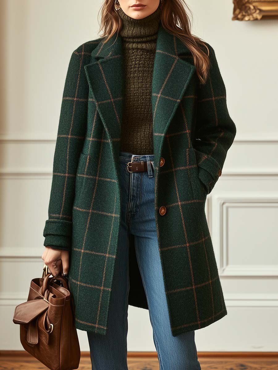 Women's Button-Front Lapel Casual Coat in Dark Green
