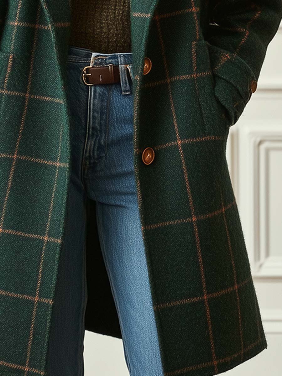 Women's Button-Front Lapel Casual Coat in Dark Green