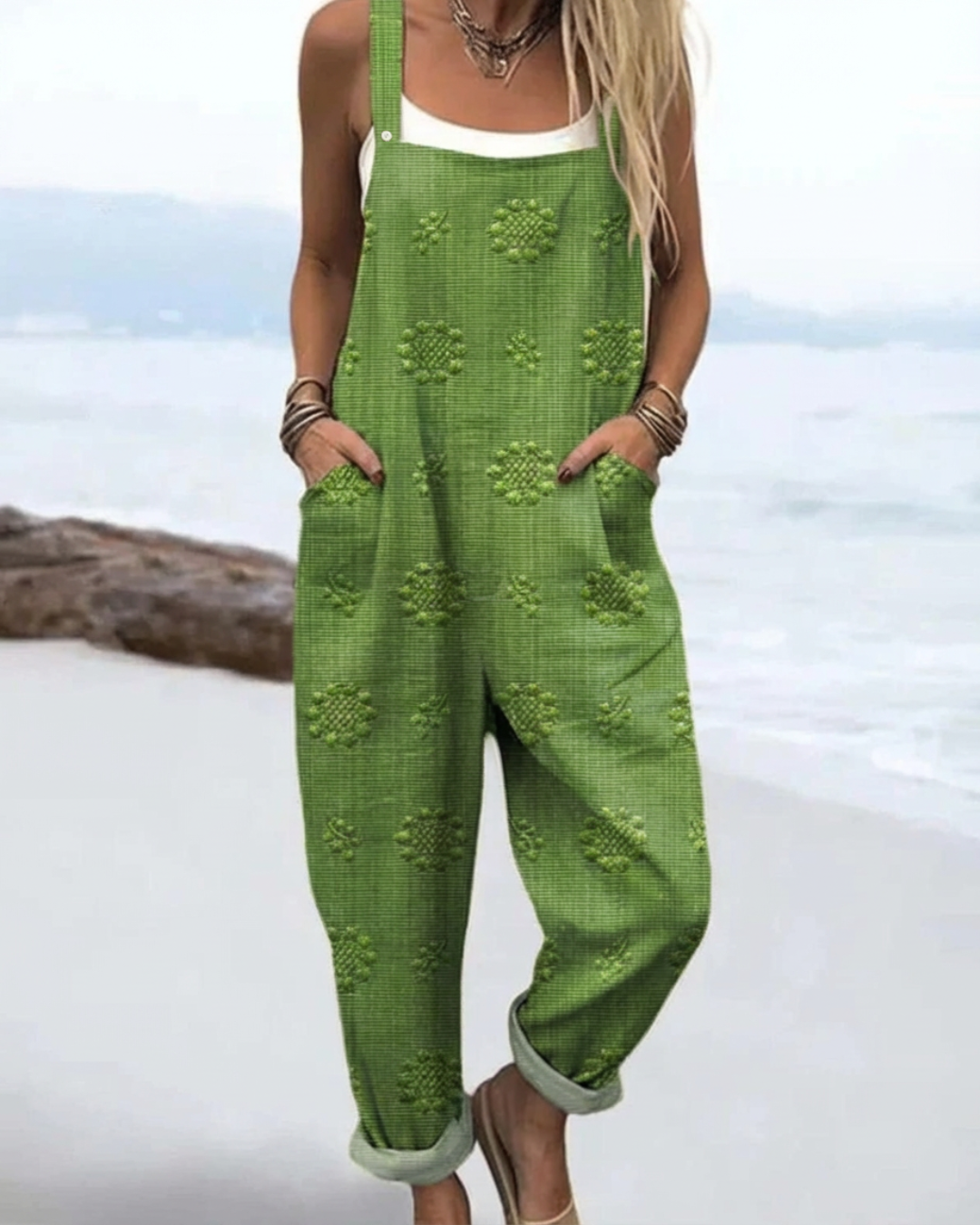 Wide-Leg Dungaree Casual Jumpsuit in Green