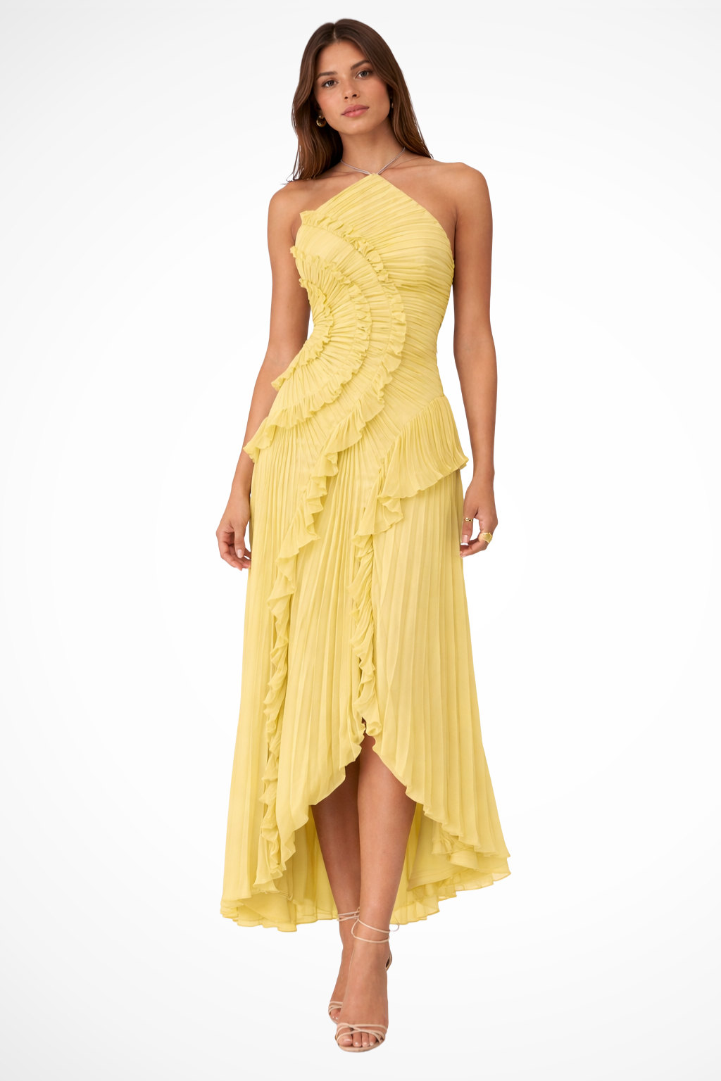 Pleated Halter Ruffle Evening Maxi Dress in Yellow