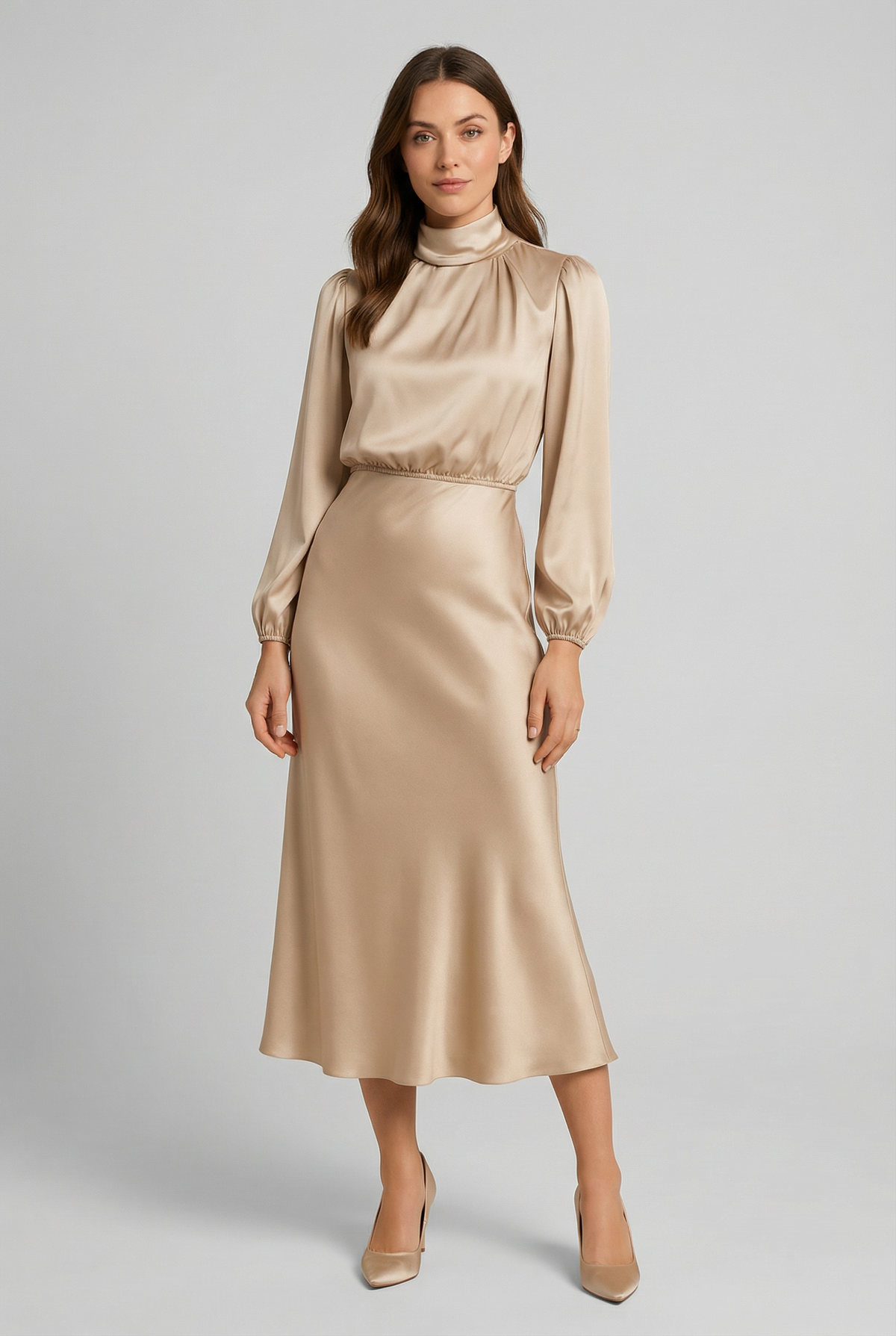 High-Neck Blouson Evening Midi Dress in Beige