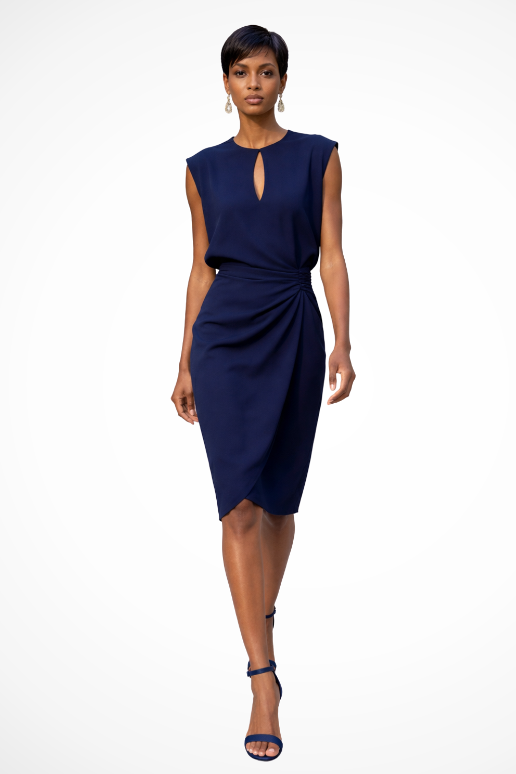 Keyhole Ruched Waist Cocktail Midi Dress in Navy