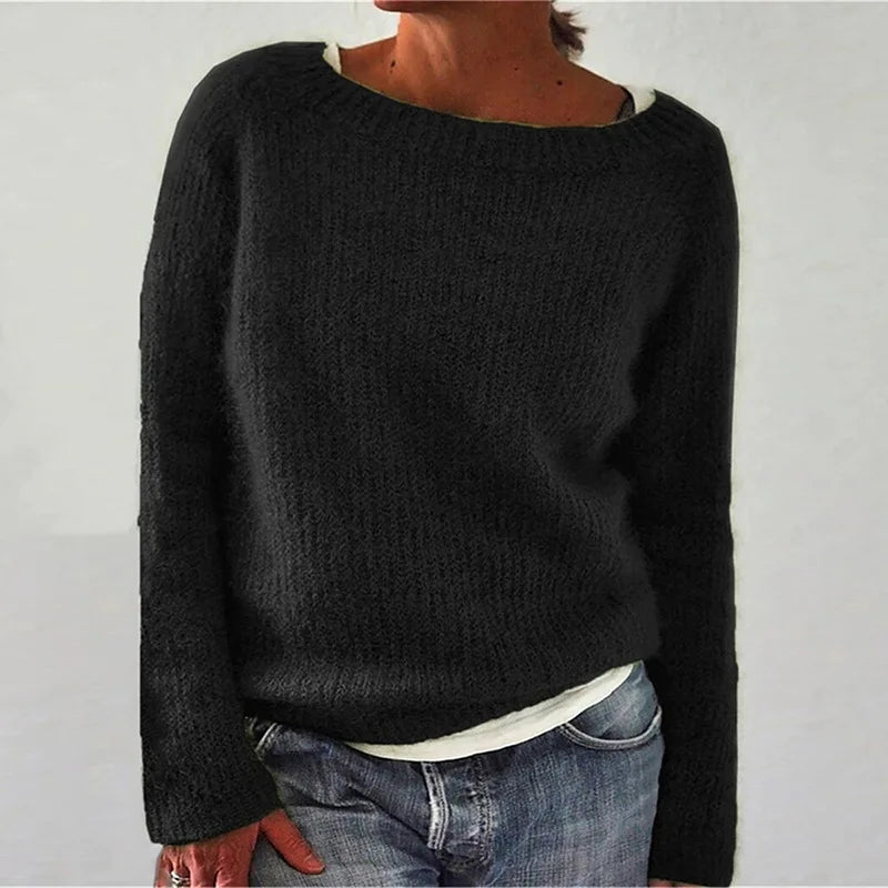 Women's Wide Neck Long-Sleeve Casual Jumper in Black