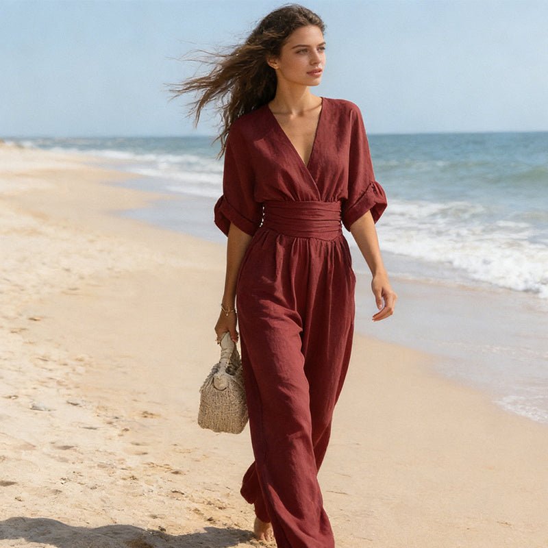 Wrap V-Neck Wide-Leg Casual Jumpsuit in Burgundy