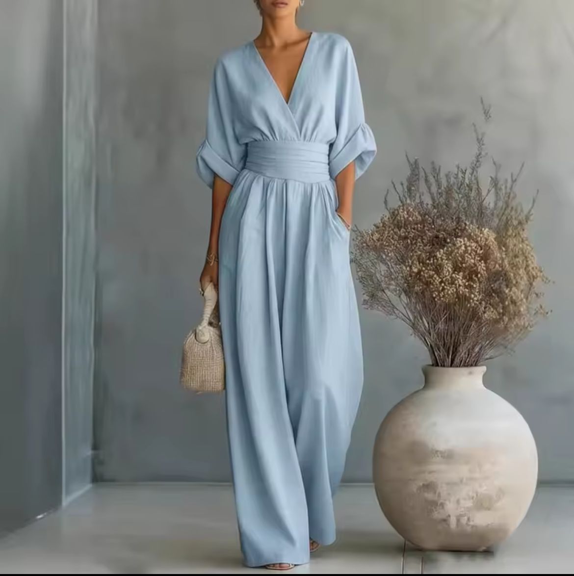 Wrap V-Neck Wide-Leg Casual Jumpsuit in Light Blue