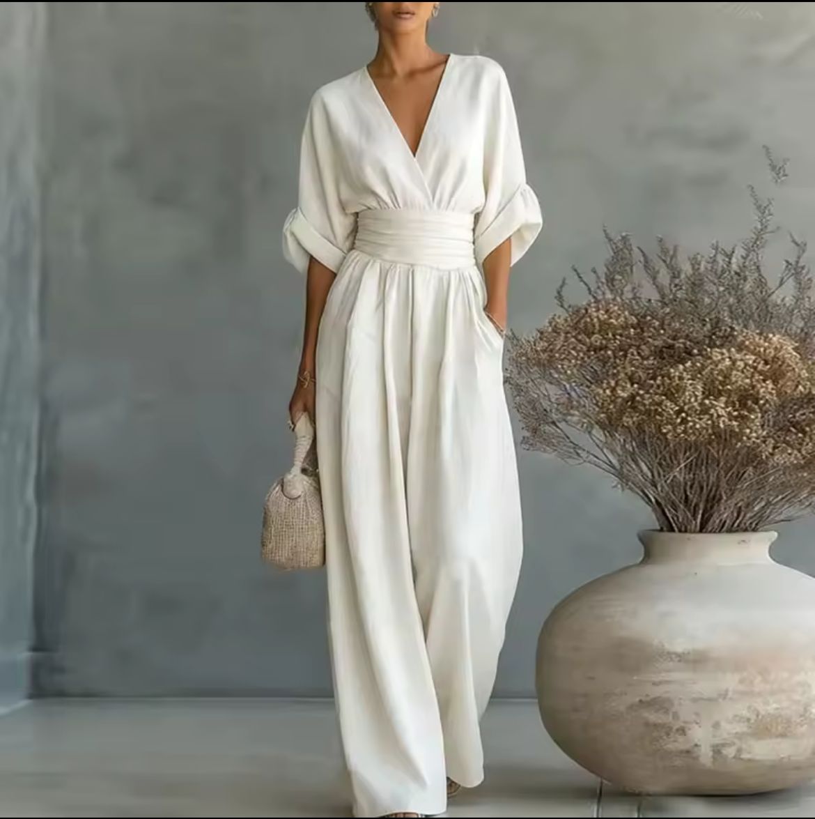 Wrap V-Neck Wide-Leg Casual Jumpsuit in White