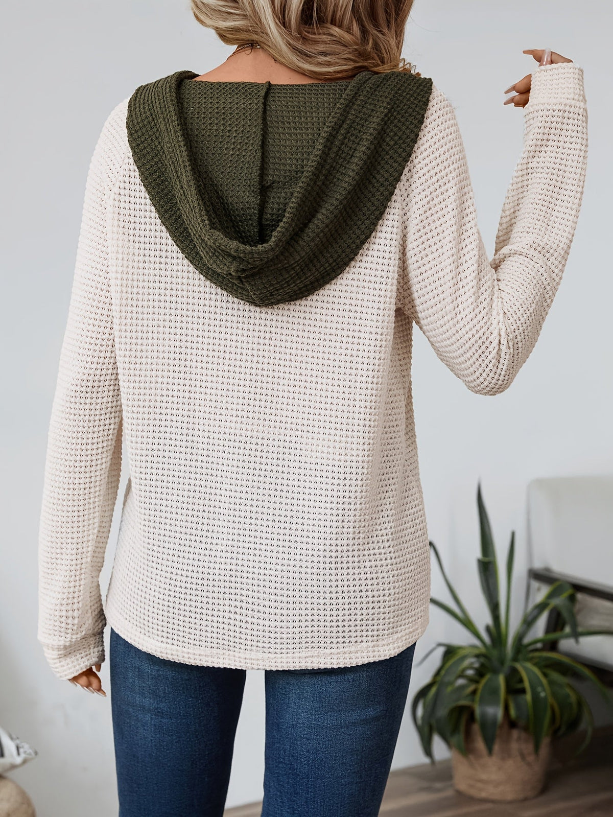 Women's Button-Neck Casual Hoodie in Beige