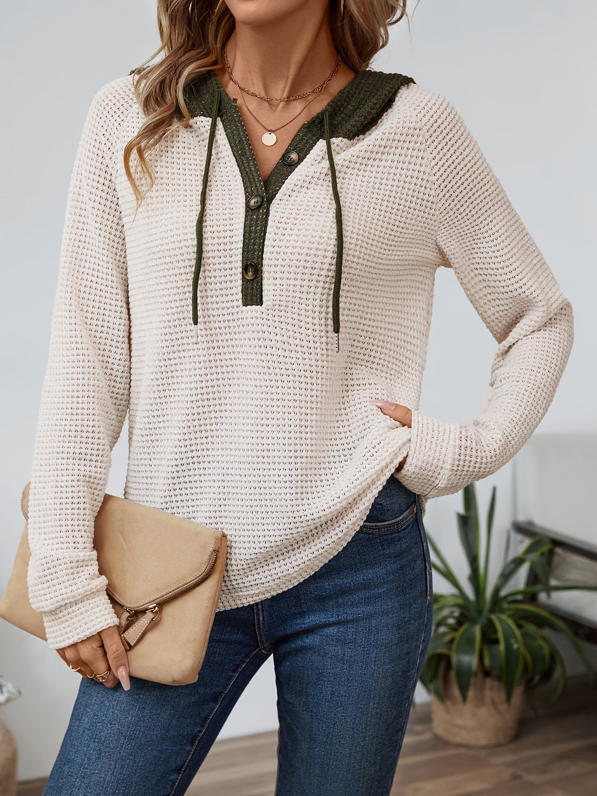 Women's Button-Neck Casual Hoodie in Beige
