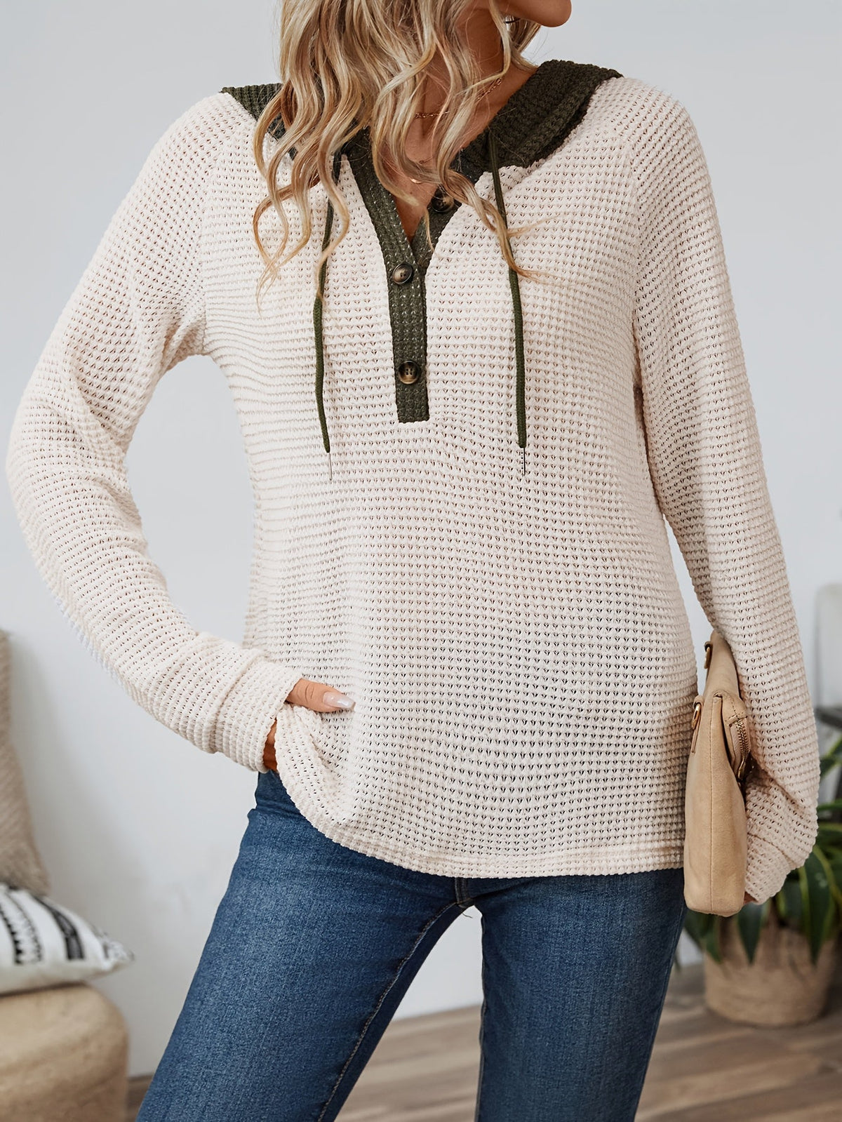 Women's Button-Neck Casual Hoodie in Beige
