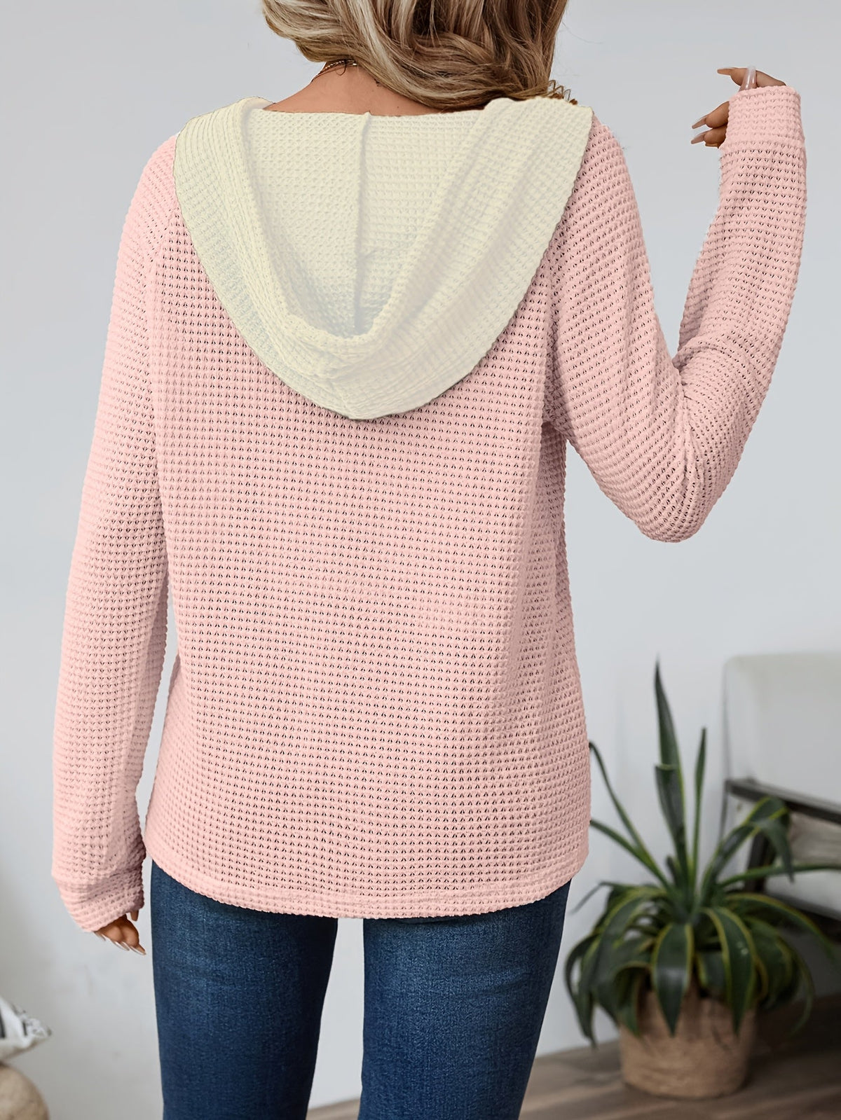Women's Button-Neck Casual Hoodie in Light Pink