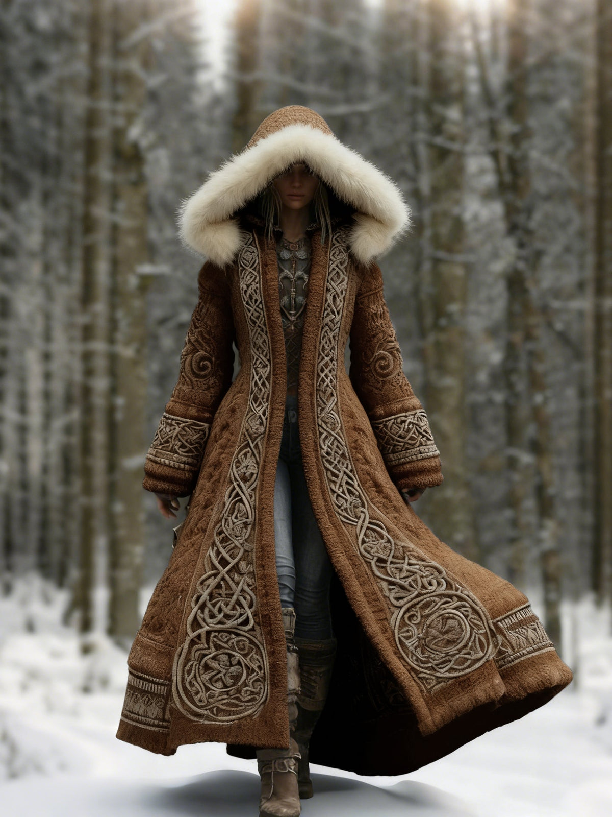 Women's Hooded Embroidered Casual Coat in Brown