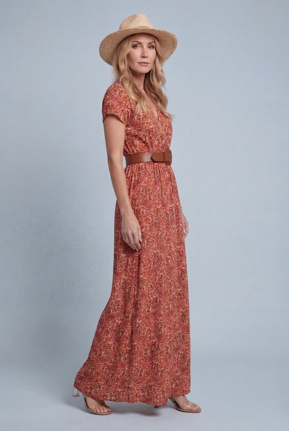 Paisley Wrap-Front Holiday Maxi Dress in Rust