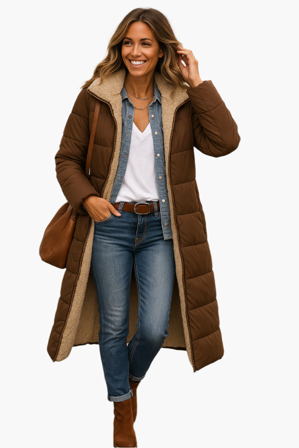Women's Hooded Quilted Long-Sleeve Casual Coat in Brown