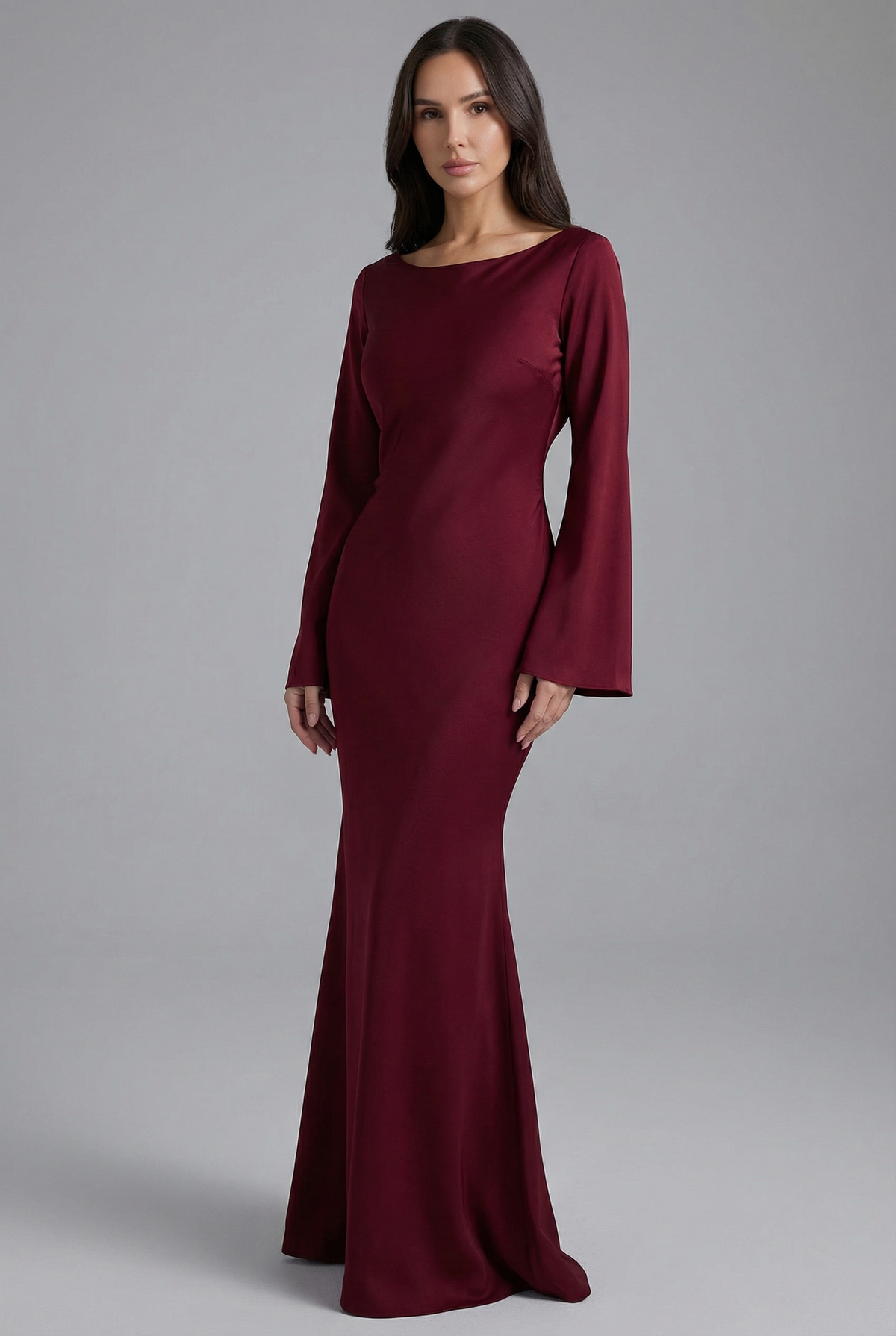 Lace-Up Back Flared-Sleeve Evening Maxi Dress in Burgundy
