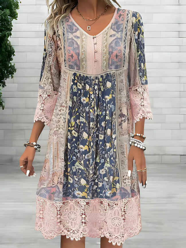 Lace-Trim Button-Front Casual Mini Dress in Multicolour