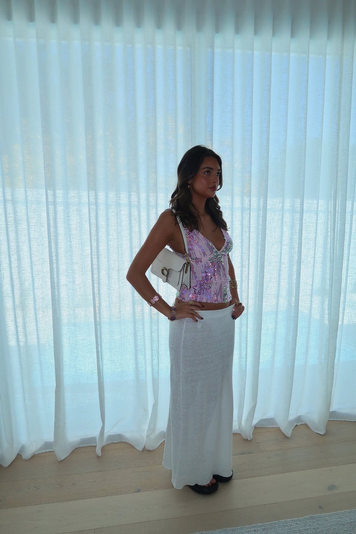 Sequinned Deep V-Neck Party Camisole in Lilac
