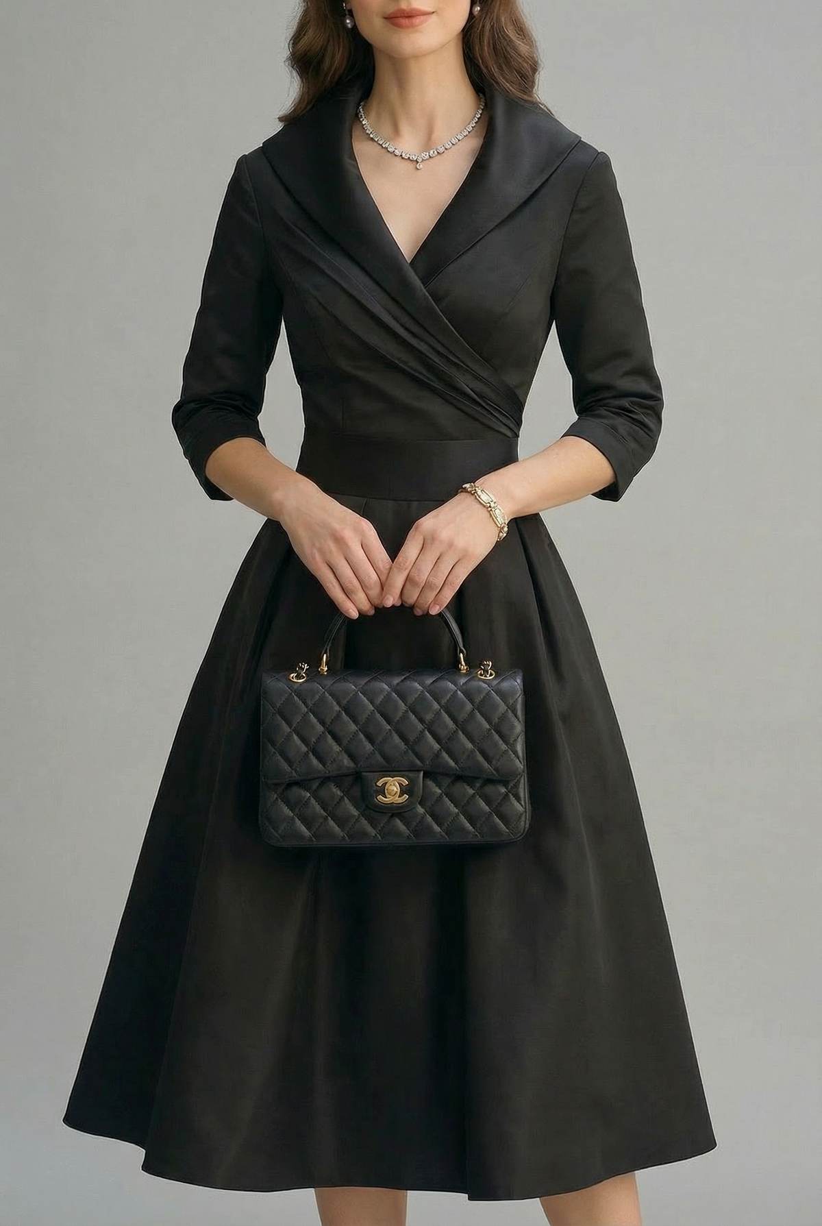 Shawl Collar Wrap Evening Midi Dress in Black
