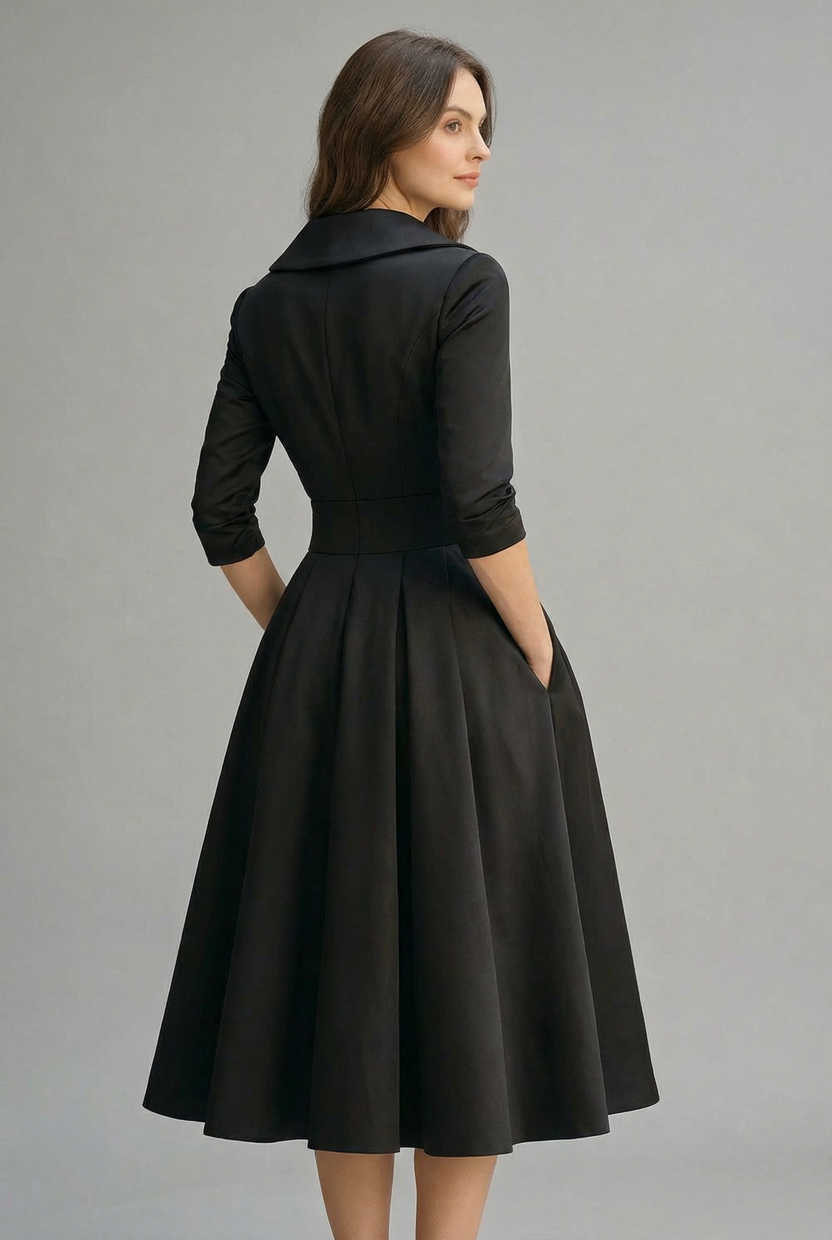 Shawl Collar Wrap Evening Midi Dress in Black