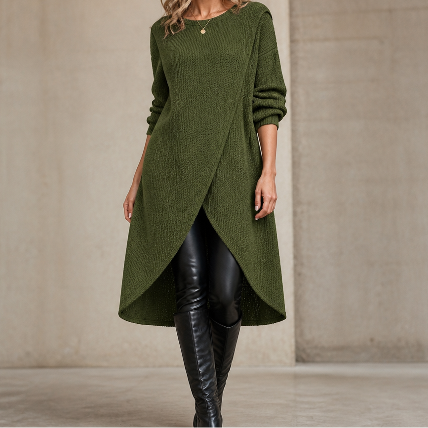 Women's Wrap-Front Longline Casual Jumper in Olive