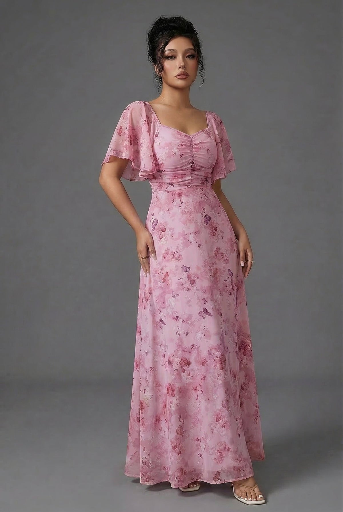 Ruched Wedding Guest Maxi Dress in Pink