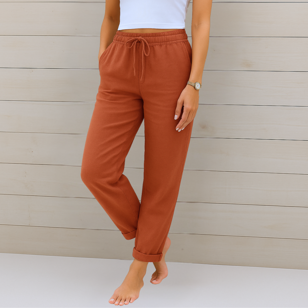 Women's Drawstring Casual Trousers in Rust