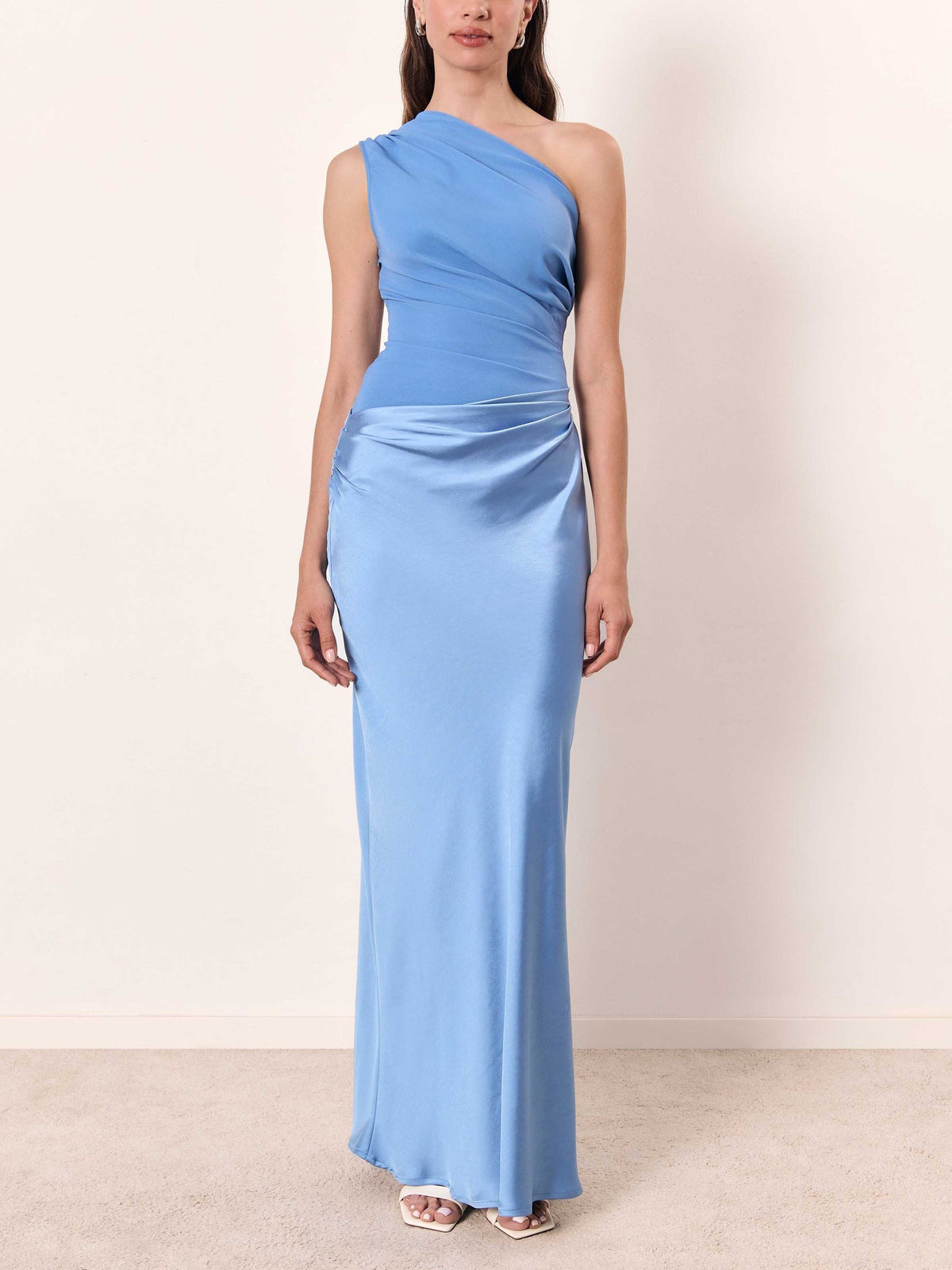 Ruched One-Shoulder Evening Maxi Dress in Light Blue