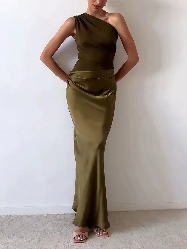 Ruched One-Shoulder Evening Maxi Dress in Olive