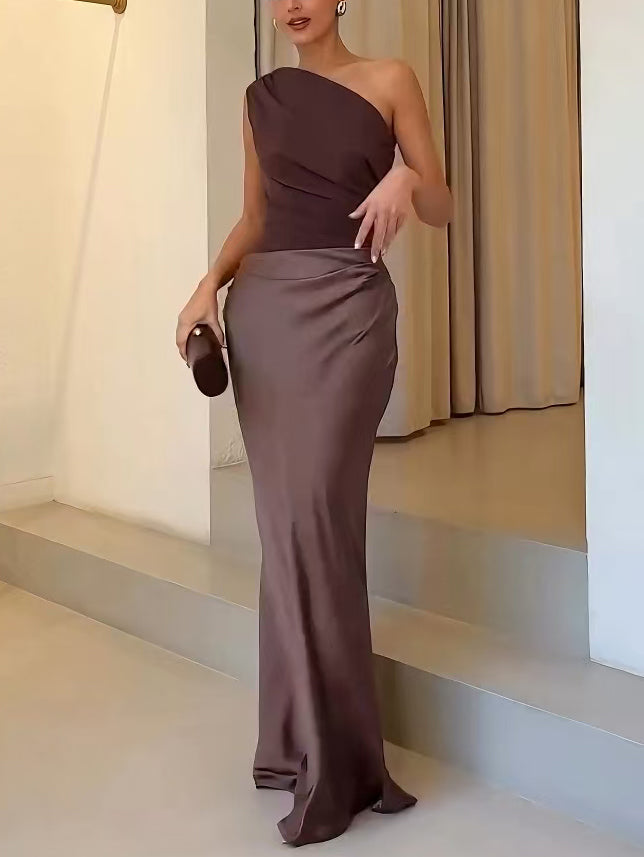 Ruched One-Shoulder Evening Maxi Dress in Taupe