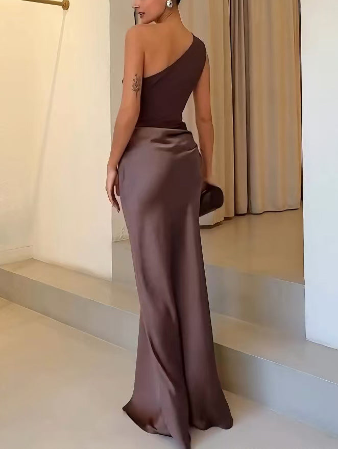 Ruched One-Shoulder Evening Maxi Dress in Taupe