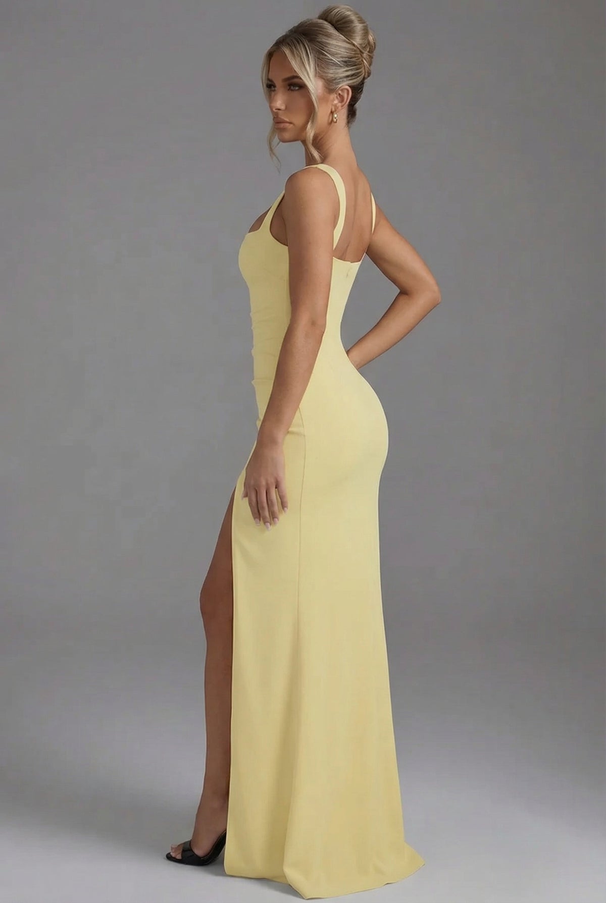 Ruched High-Slit Evening Maxi Dress in Yellow